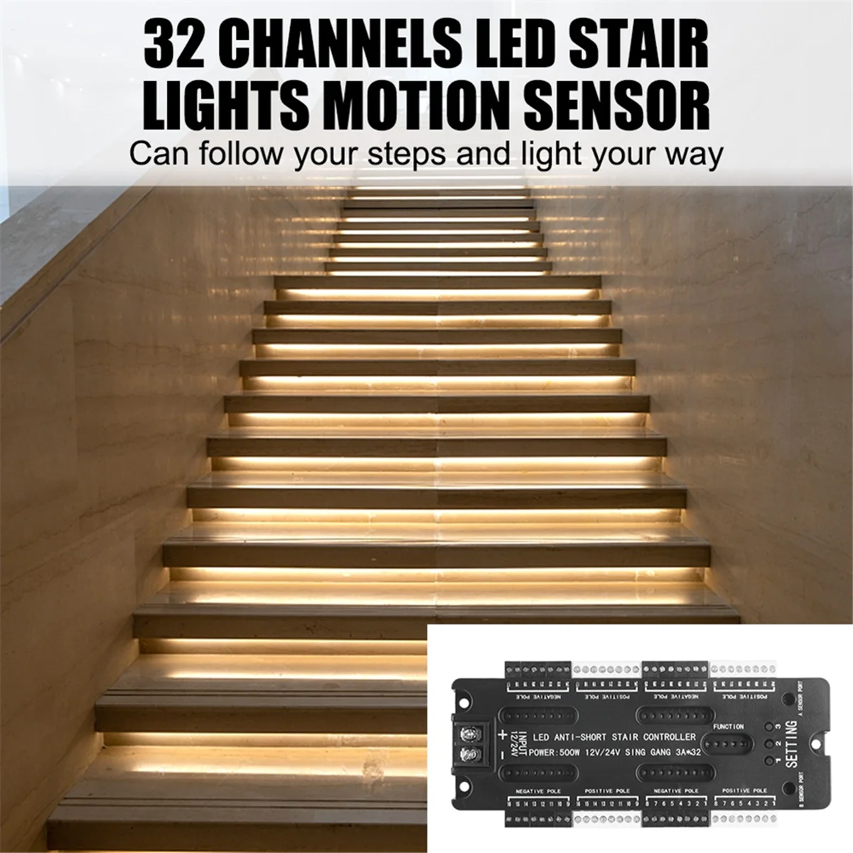 Détecteur de mouvement LED intérieur pour escaliers, bande flexible, luminosité réglable, contrôleur de lumière d'escalier, 32 canaux, DC 12V, 24V