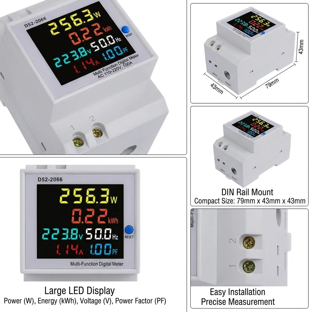 6IN1 Din Rail AC Monitor 110V 220V 380V 100A Voltage Current Power Factor Active KWH Electric Energy Frequency Meter image 2