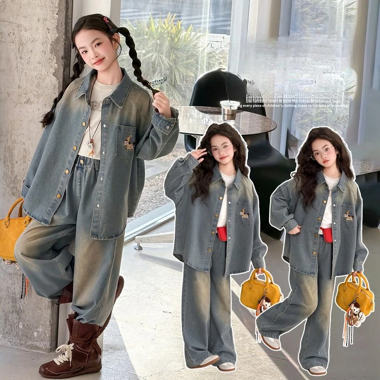 teen girls cowboy clothes suit cartoon horse Irregular denim shirt jacket wide-leg jeans 2pcs junior child kid pants outfits set