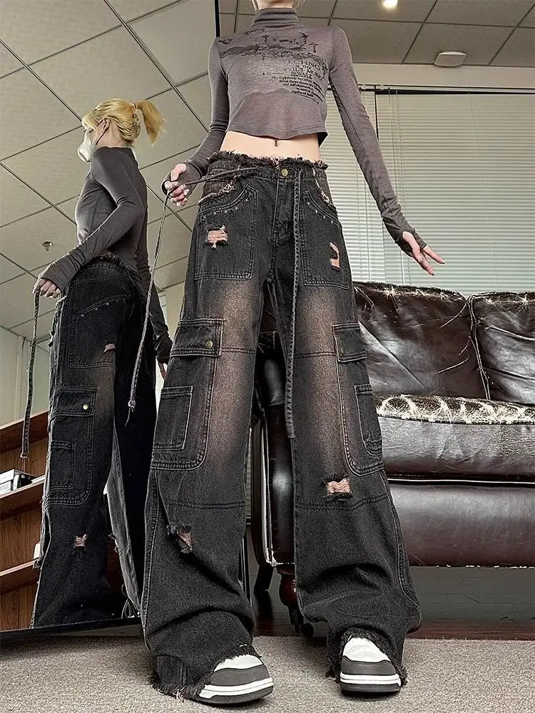 جينز عصري عالي الخصر فضفاض مستقيم الساق من قماش الدنيم للنساء للربيع والخريف متعدد الاستخدامات على الطراز الأمريكي عالي الشار...