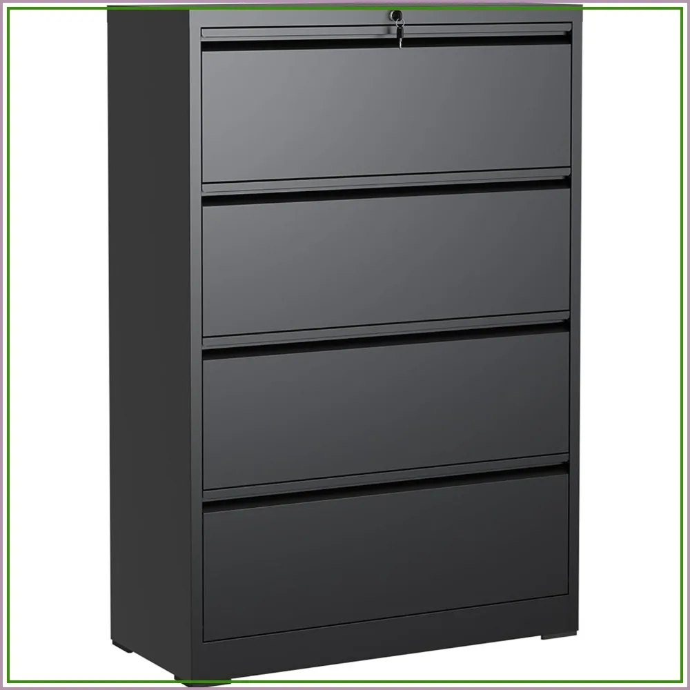 4 Drawer Lateral File Cabinet with Lock for Home Office, Black