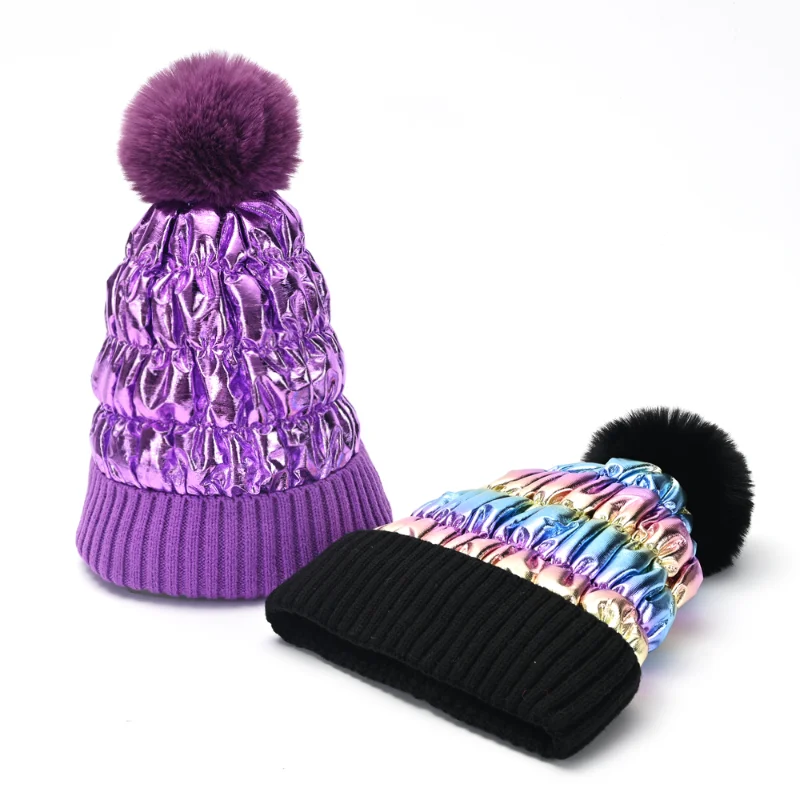 2023 New Laser Sequin Knitted Pompom Hat Fashion Thick Warm Beanies Winter Hat for Women Woolen Cap Velvet Fleece Hat
