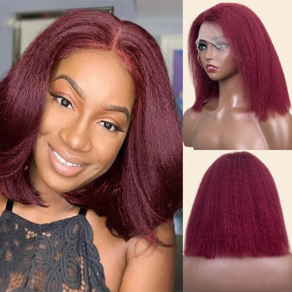 

99J Burgundy Kinky Straight Short Bob Wigs Brazilian Remy Yaki Straight 13x4 Lace Frontal Human Hair Wig For Women 200% Density