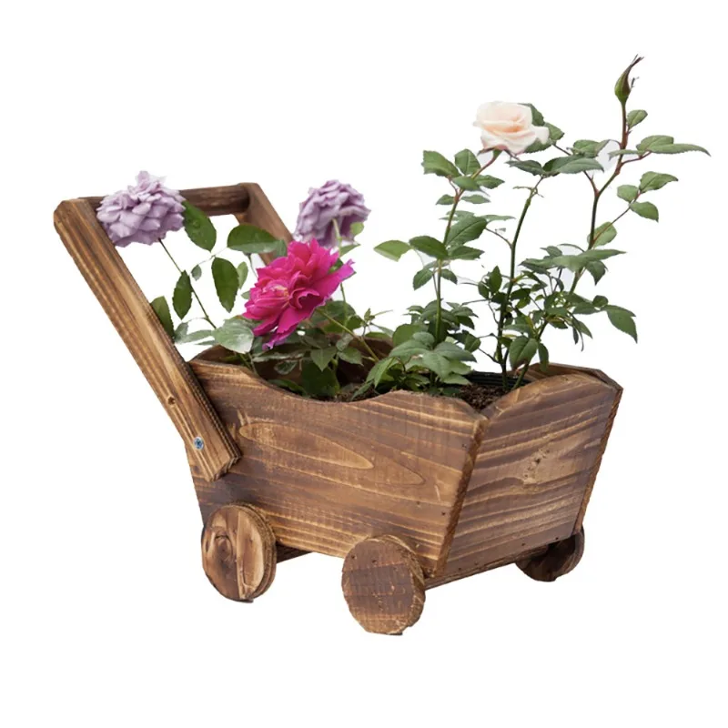 Wagon Rectangular Flower Pot -  Wood Planter Box Balcony Garden Decoration for Succulent Herbs Indoor/Outdoor Plant Container
