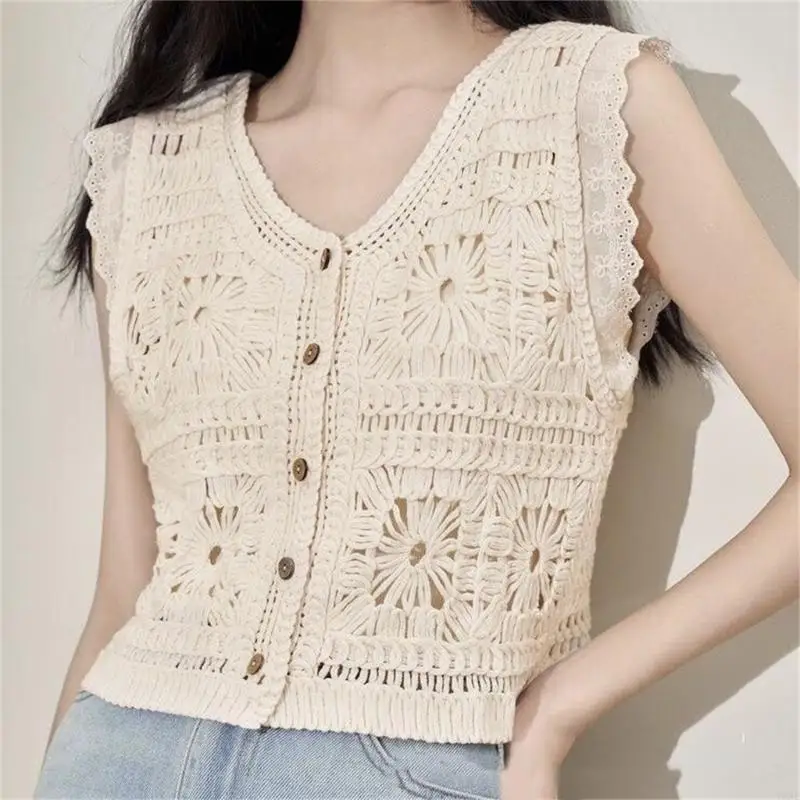Y3ne crochet flor v cuello sin mangas sin mangas chaleco cárdigan recortado para mujer traje vacaciones