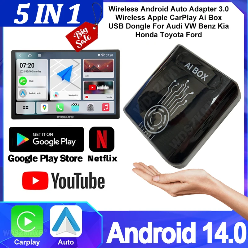 

Android14 Smart AI Box Wi-Fi Беспроводной CarPlay Android Auto Встроенный магазин воспроизведения для Youtube Netflix Toyota Mazda Hyundai Haval GMC