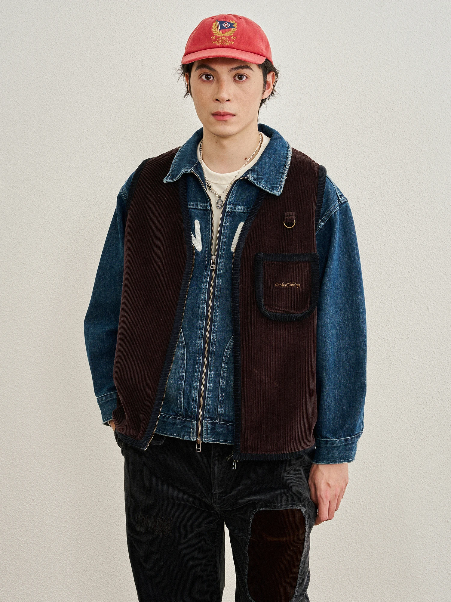 CENLES SS26 American Retro Corduroy Color Block Pocket Vest Loose Casual Sleeveless Men's Vest Youth Popular Daily Wear