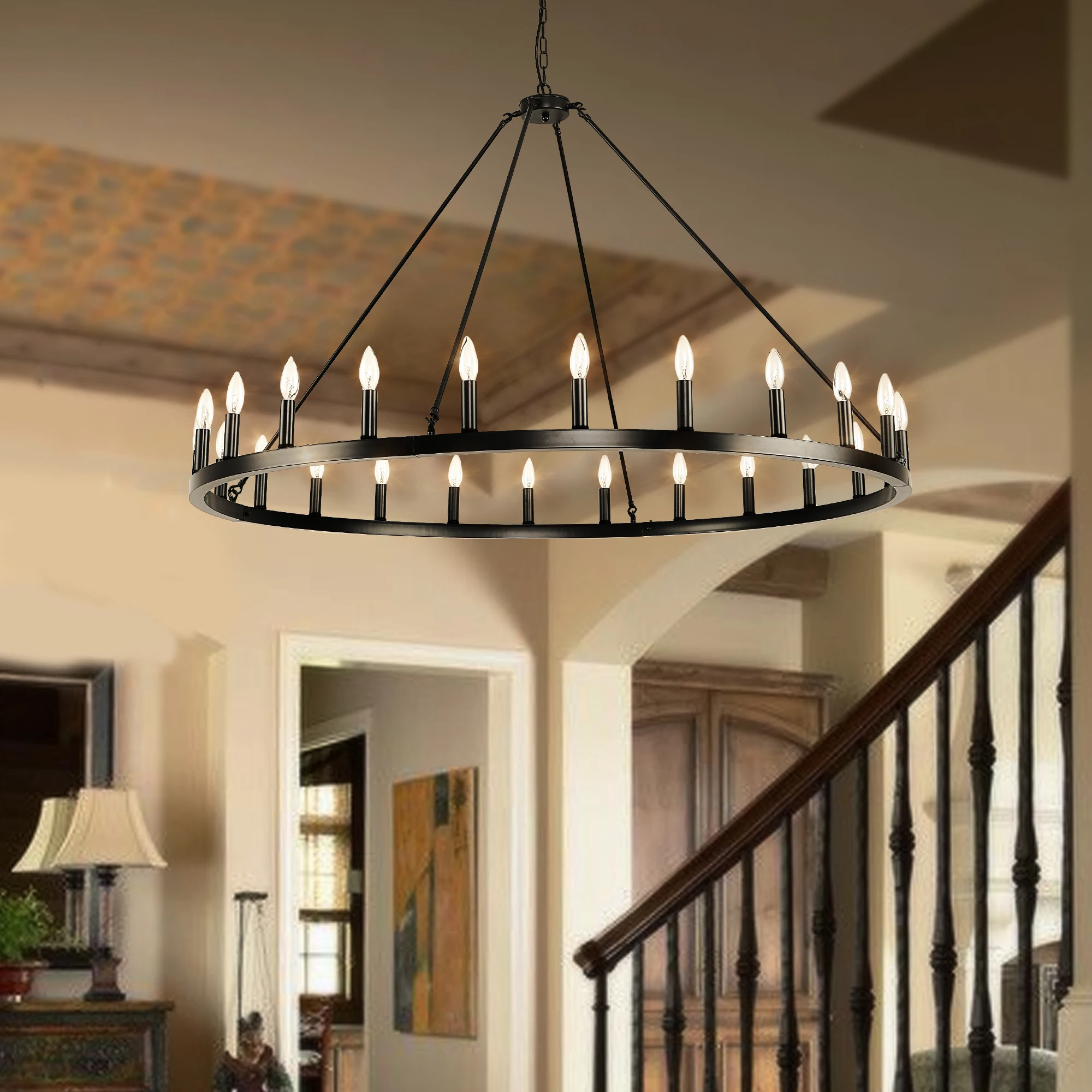 wagon wheel chandelier para sala de estar rustico farmhouse pendant light grandes lustres round matte 54 24 light 01