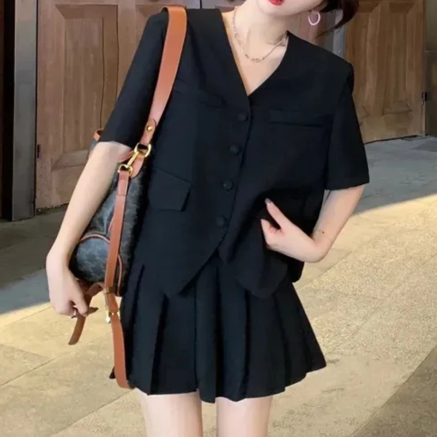 Skirt Set Women 2pcs Jacket Short Sleeve Top Korean Loose Outfits Solid High Waist Pleated Mini Dress Summer Casual Streetwear