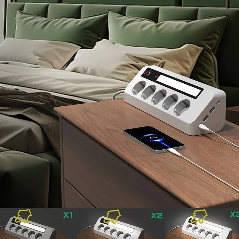 Multi-functional Expansion Power Strip with Touch Night Light Multiple Switches Outlets Triangle Desktop Corner Power Strip