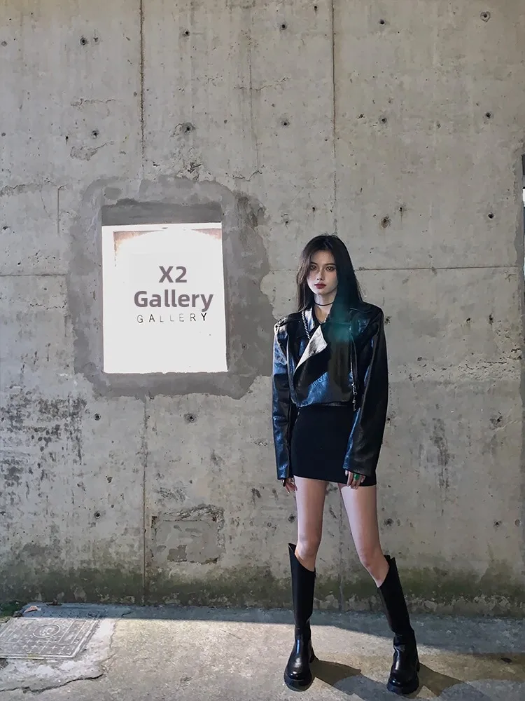 2023年春新作 Sle レディース ルーズ ブラック バイクジャケット レザーコート スイート クール バイカー服 ラウンドネック ロングスリーブ