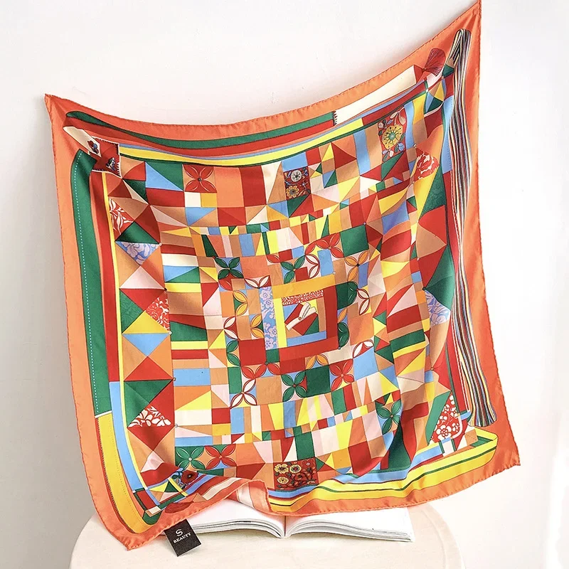 

90cm Manual Hand Rolled Twill Silk Scarf Women Geometric Square Print Curled Square Scarves Echarpes Foulards Femme Wrap Bandana