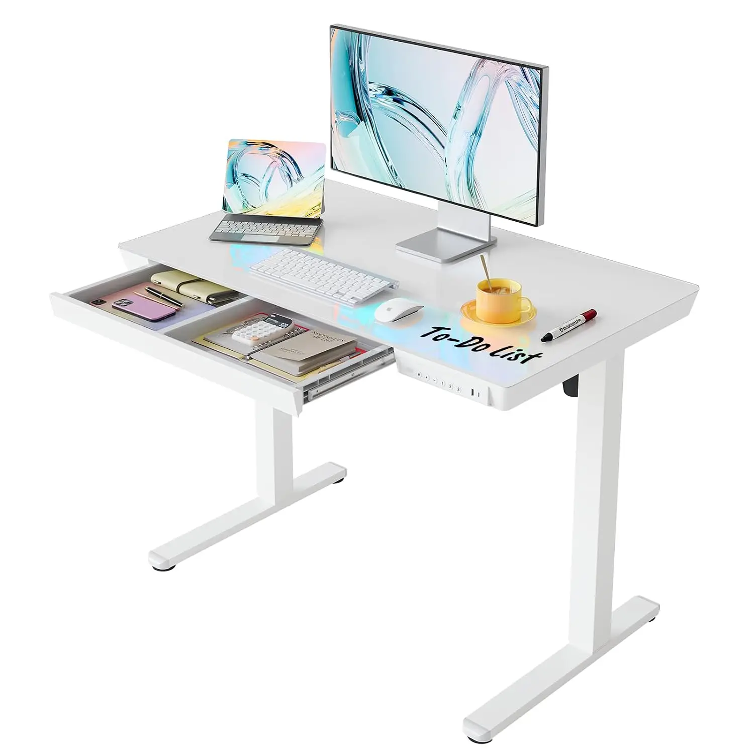 Glass Electric Standing Desk with Drawers, 40x24 Inch Adjustable Height Quick Install Tabletop USB Ports, White, Customized