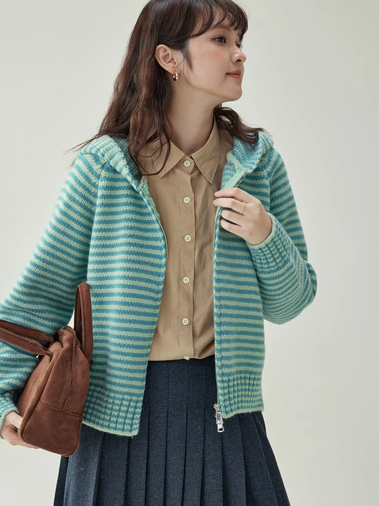 

AMUU Hooded Striped Sweater Coat Women's Autumn Winter New Sle Double Zipper Long Sve Top Faionable Commute Sle