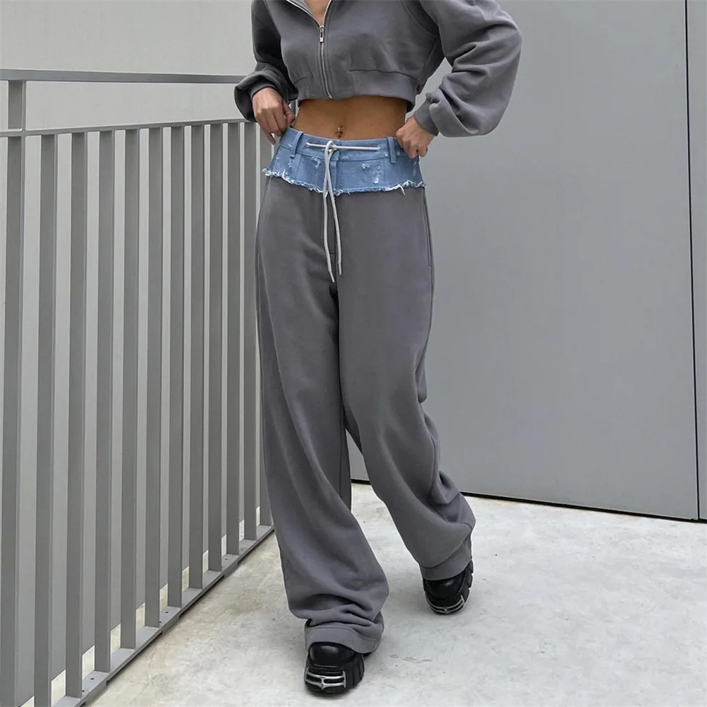 

2024 New High Waist Drawstring Denim Stitching Straight Trousers Y2K New Street Hip Hop Floor Length Causal Loose Women's Pants