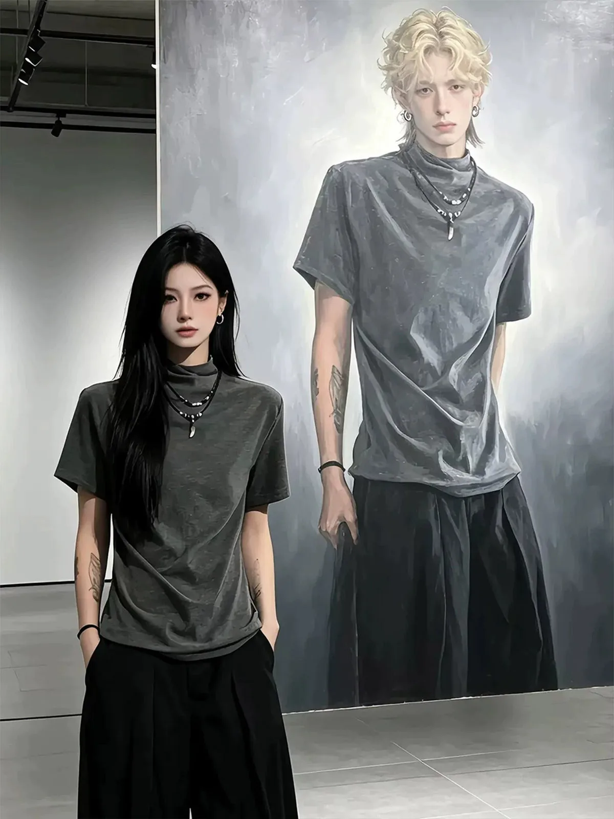 Cleanfit Grey Slim Fit Short Sleeve T-Shirt Half High Collar Men's Summer Thin Wide Version Shoulder Pressed Pleat Casual Top