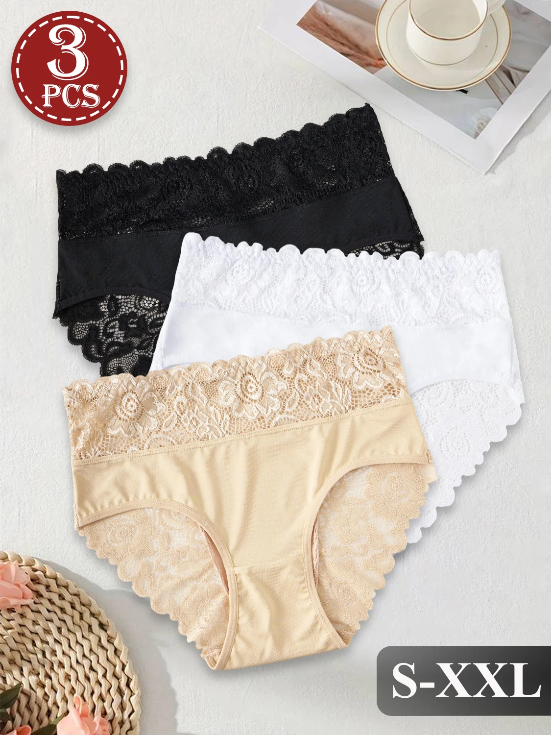3PCS Simple High Waist Women's Underwear Elegant Lace Flower Trim Panties Comfortable Daily Briefs Semi-Sheer Sexy Lingerie