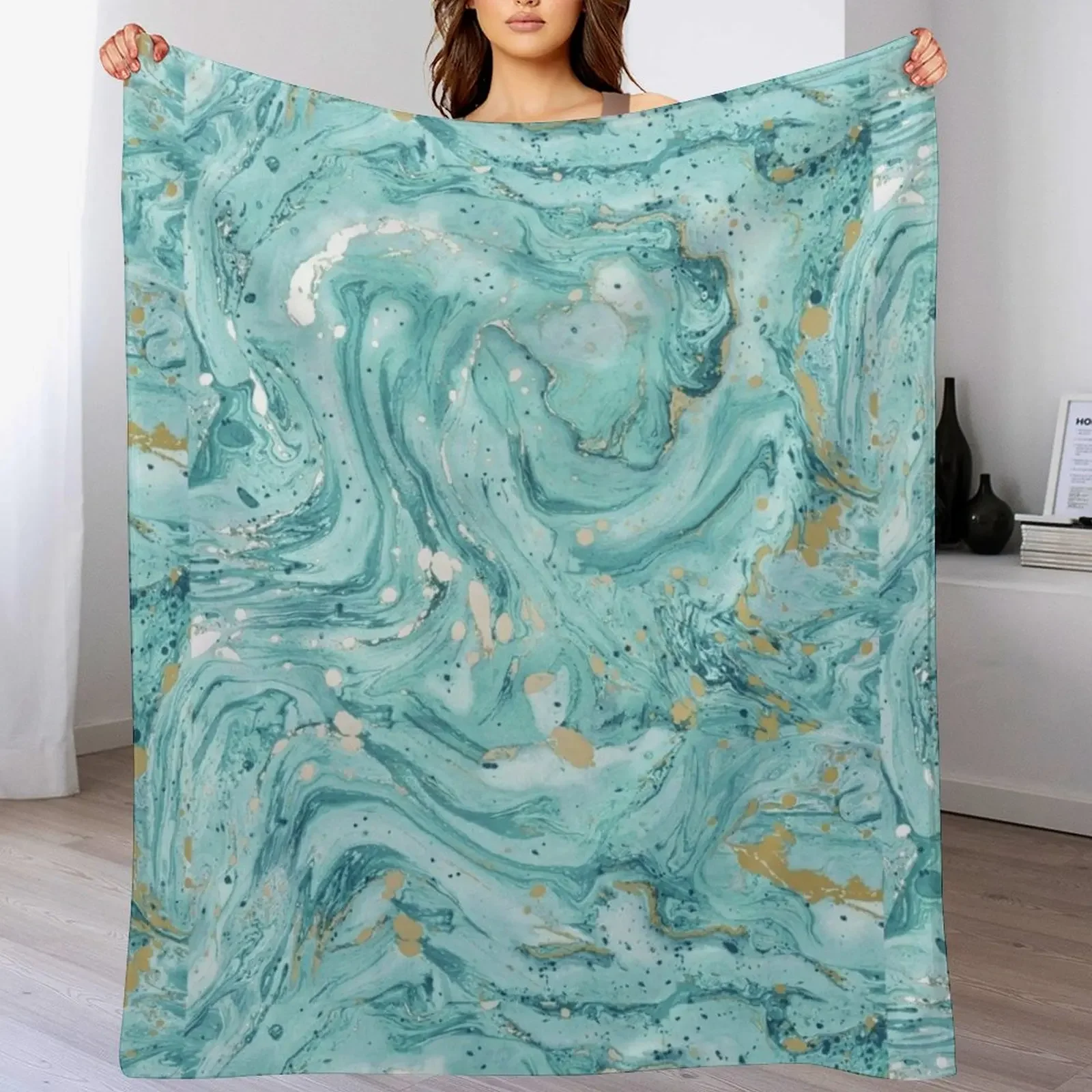 

Marble Design - Gold Effect - Turquoise Blue, Teal Marbling Throw Blanket Durable Warm Blanket for Daily Home Use