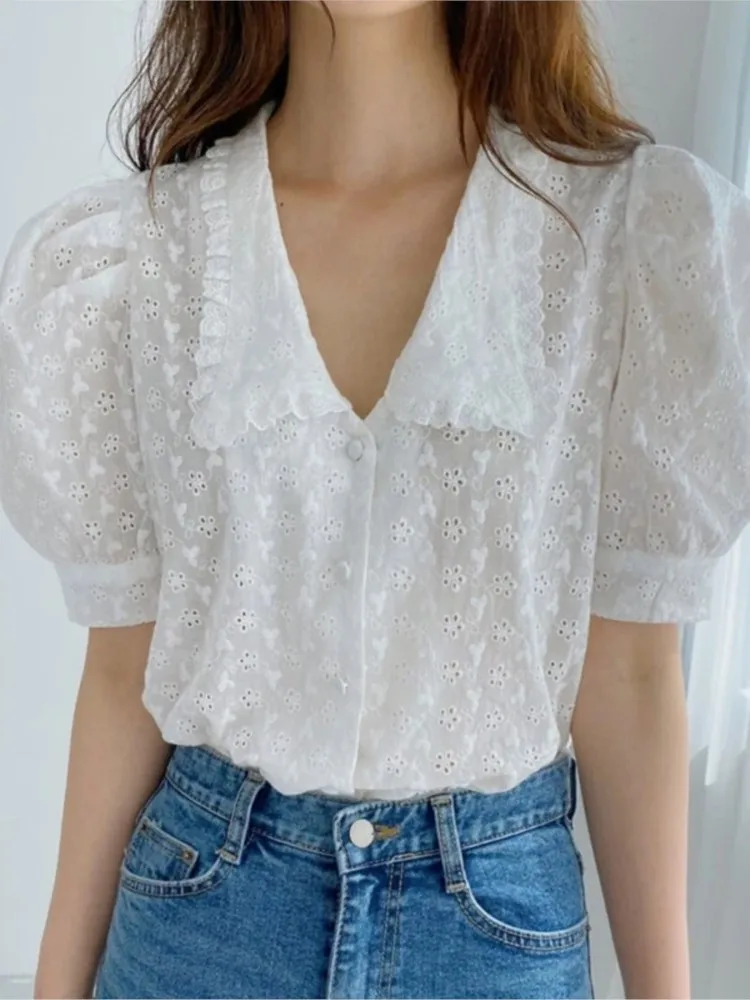 

Elegant White Shirts For Women Fashion Korean Hollow Flower Lace Puff Sleeve Blouse 2024 Summer New Casual Loose Button Up Shirt