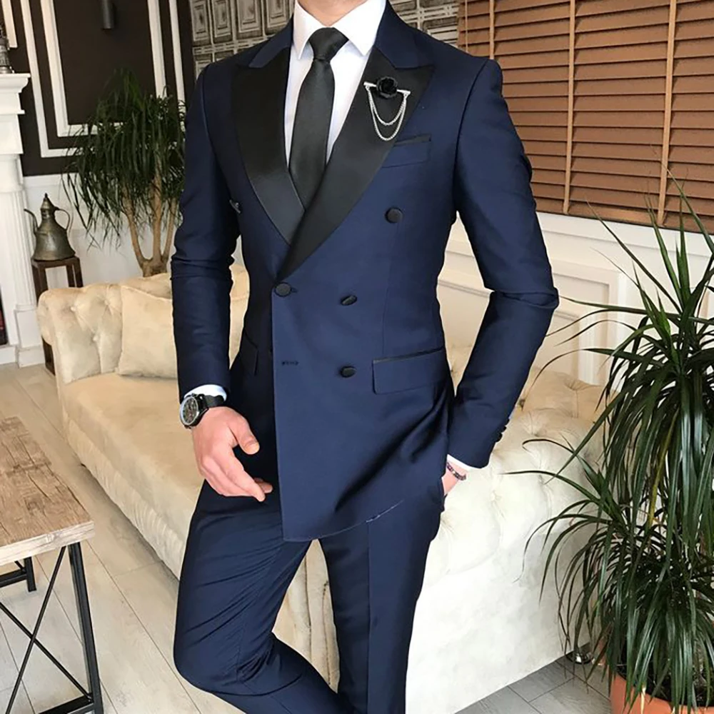 Elegant Navy Blue Men Suits Double  Breasted Business Blazer  Fashion Flim  Fit 2 Piece Jacket Pants Costume Homme Pour Mariage