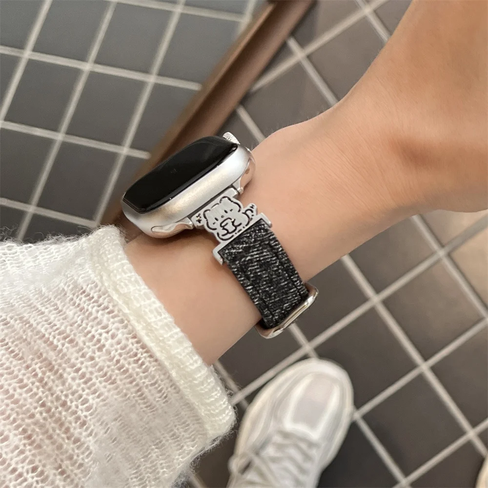 Cute Washed Denim Cartoon Dog Watch Band For Apple Watch 44mm 40 45 41 49 42 38mm Soft Strap For Ultra Series 9 8 SE 7 6 5 4 3