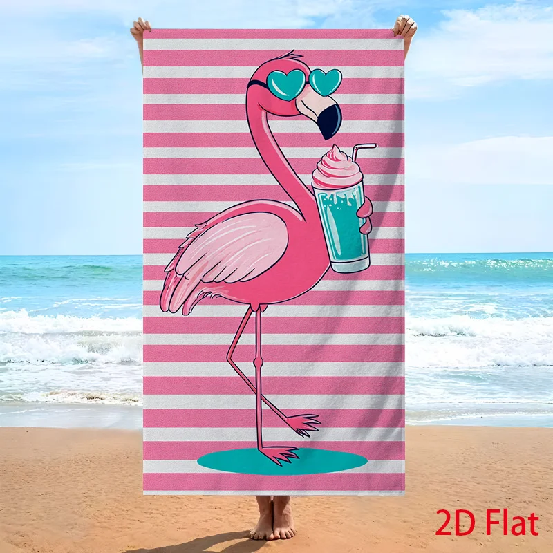 1pc Funny Flamingo Beach Towel with Heart Shaped Fashion Glasses and Blue Creamy Drink Illustration on Pink Striped