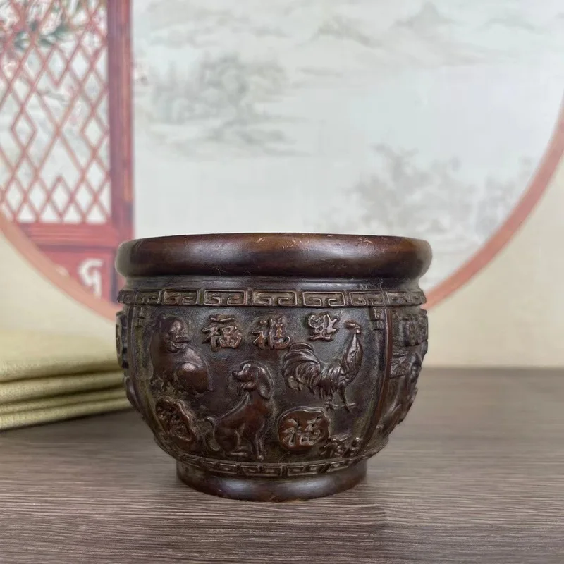 Antique and vintage collectibles: retro alloy copper relief incense burner and ashtray with the twelve zodiac signs, home decor