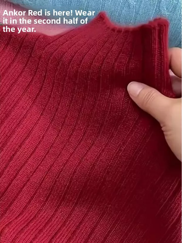 

Elegant Red Knitted Sweater Women's Autumn Winter Soft Cozy Half High Collar Innerwear Outerwear Versatile Commute Warmth