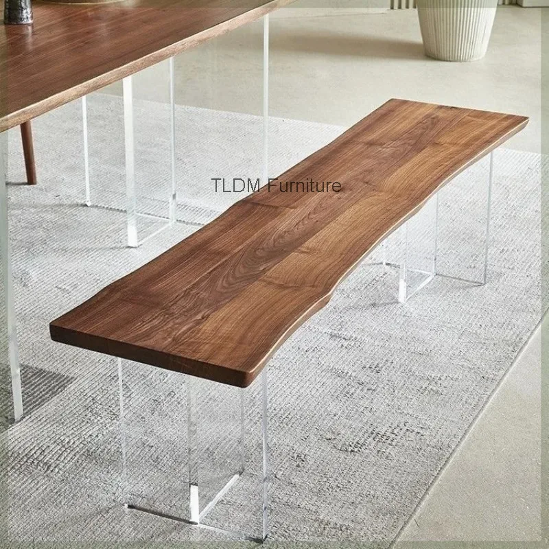 

Современная обеденная скамья с необработанным краем - столешница из натурального орехового дерева, прозрачные акриловые ножки, минималистичная скамья для кухни и гостиной