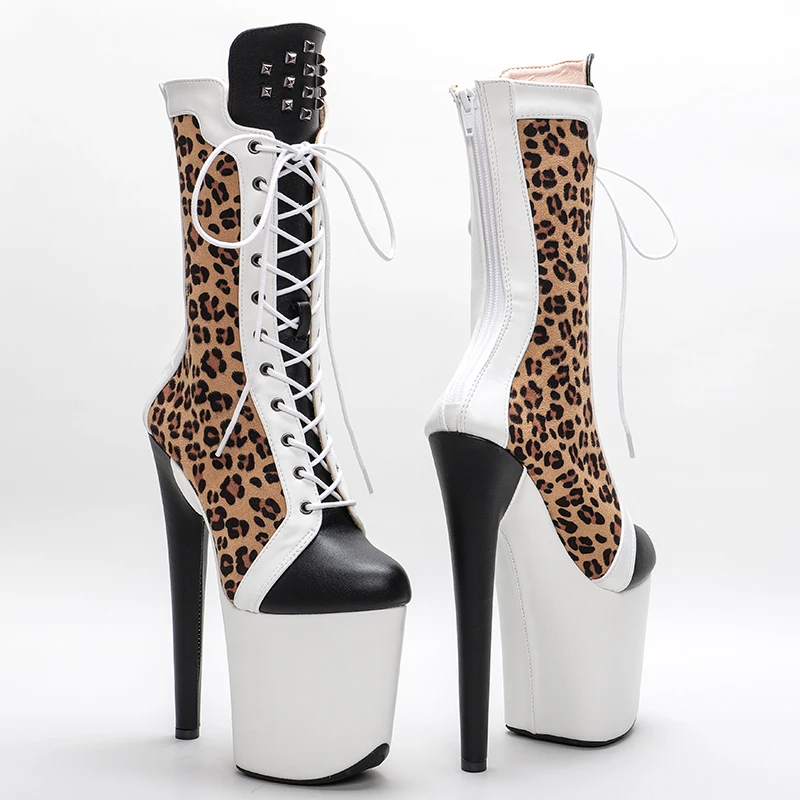 Leecabe 20CM/8inch Leopard with  mette  PU  upper  fashion  High Heels Pole Dance boot