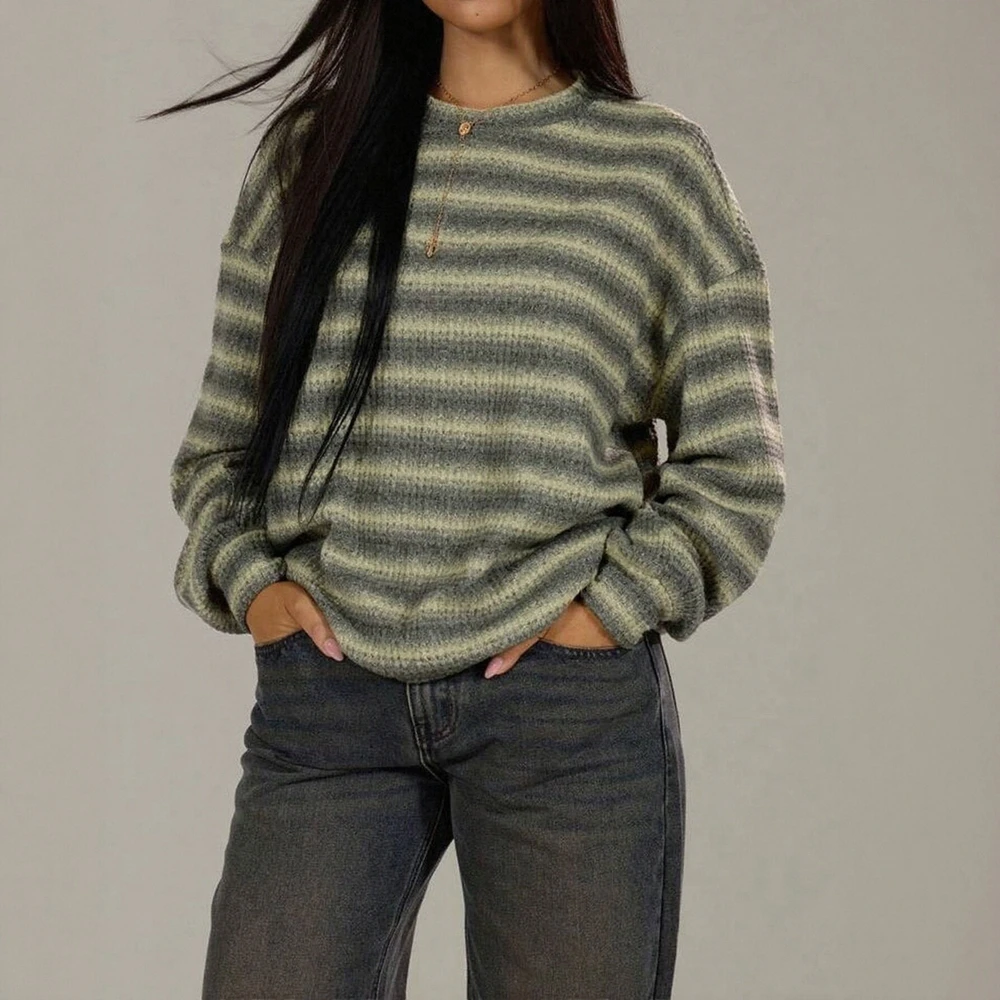 

Женский свитер с круглым вырезом и длинными рукавами, минималистичный полосатый контрастный цвет, осенне-зимний повседневный модный трикотаж