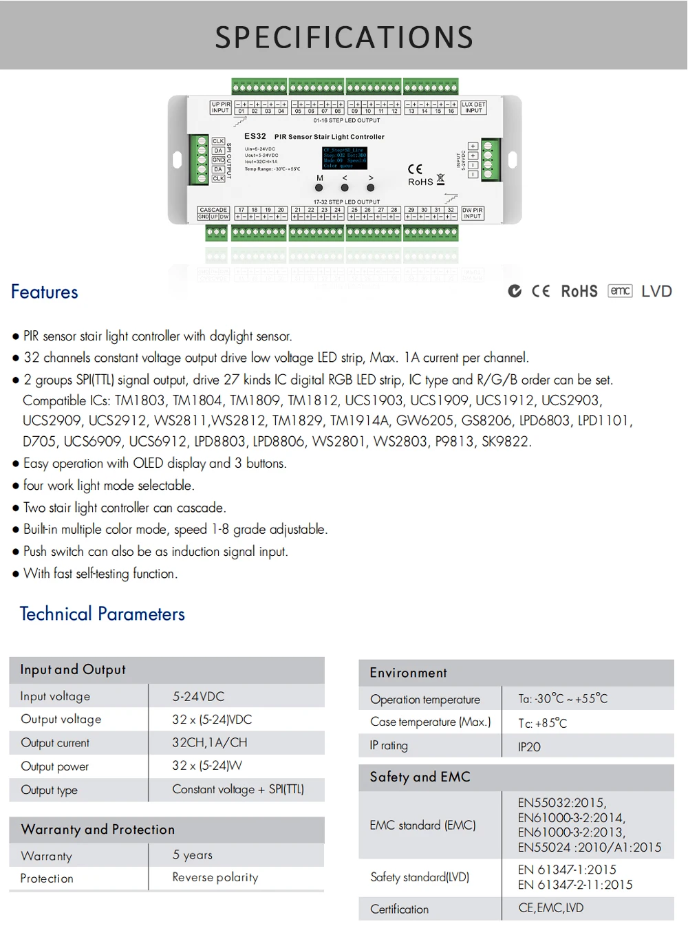 Czujnik PIR kontroler schodów 32CH pojedynczy kolor 2CH RGB Pixel SPI pasek LED ściemniacz światła schody wewnętrzne ES32 kontroler 5V-24V