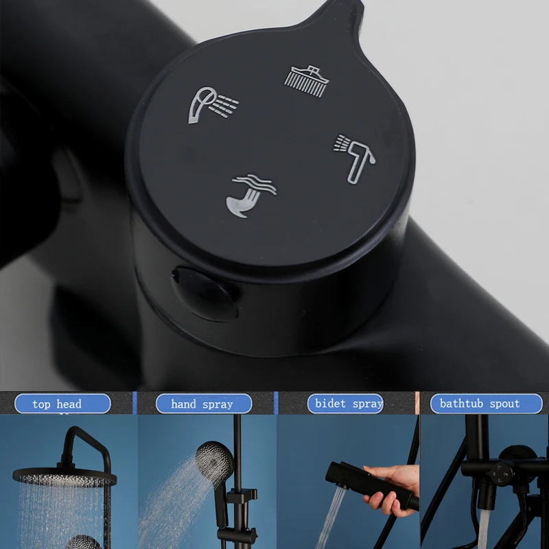 ZAPPO Bathroom Black Shower Faucet Set  w/ Hand Sprayer 4 Function Shower Systerm Rainfall Round Shower Head Tub Mixer Bath
