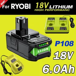6Ah For RYOBI 18V Battery P108 18V Plus Battery 18 Volt Li-ion Power Tools P104 P107 RB18L50 RB18L20 P108