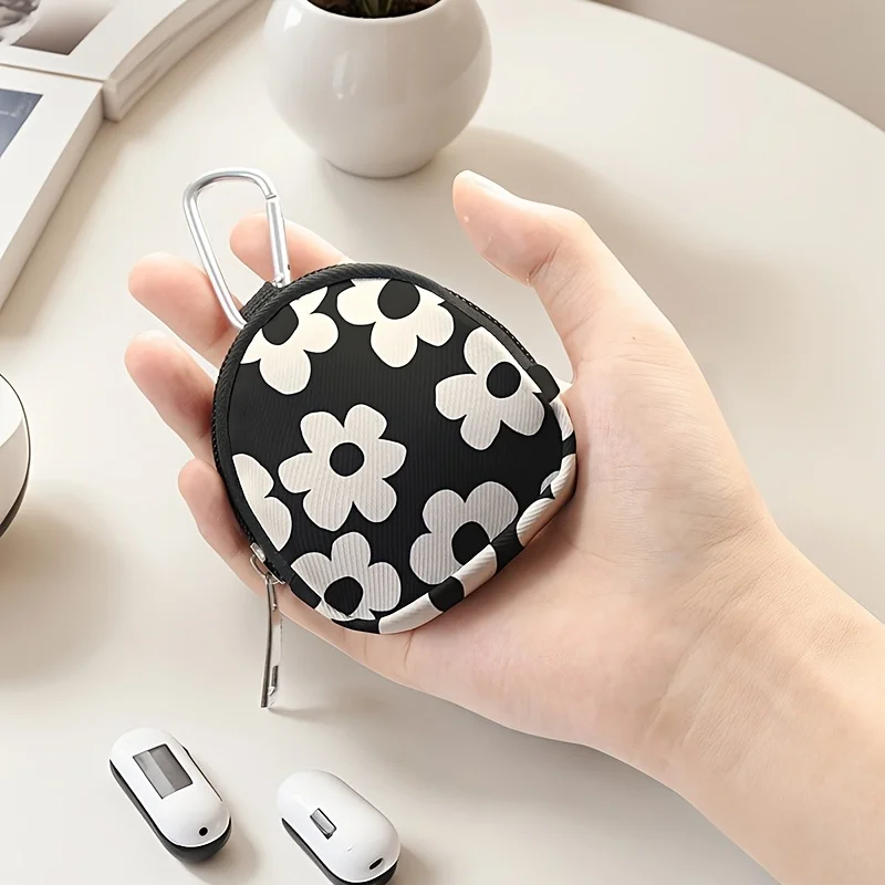 กระเป๋าสตางค์ขนาดเล็กพิมพ์ลายดอกไม้สีขาว 1 ชิ้น กระเป๋าใส่เหรียญซิปน้ำหนักเบา พร้อมคลิปหนีบและกระเป๋าใส่กุญแจหูฟัง