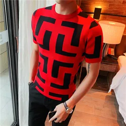 2024 Autumn Lapel Men's Short Sleeve Knitwear T Shirt High Quality Jacquard Pattern Slim Korean Style Crew Neck Tee Shirt 4XL-M