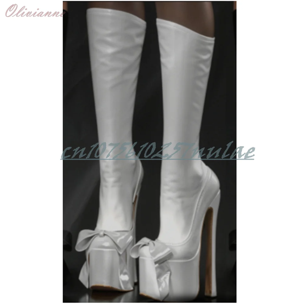 

White Front Butterfly Knot Decor Mid Calf Boots Platform Stiletto High Heel Fashion Party Women Shoes 2026 Spring Para Mujere