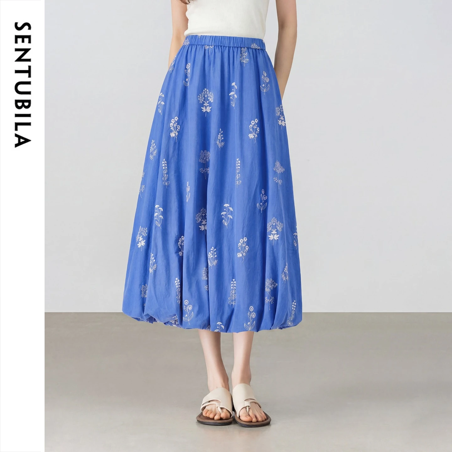 SENTUBILA Women's Klein Blue Skirt 2026 Summer Cotton  Casual Slim Embroidery A-Line Midi Skirt Elegant Daily Wear 162QA7985