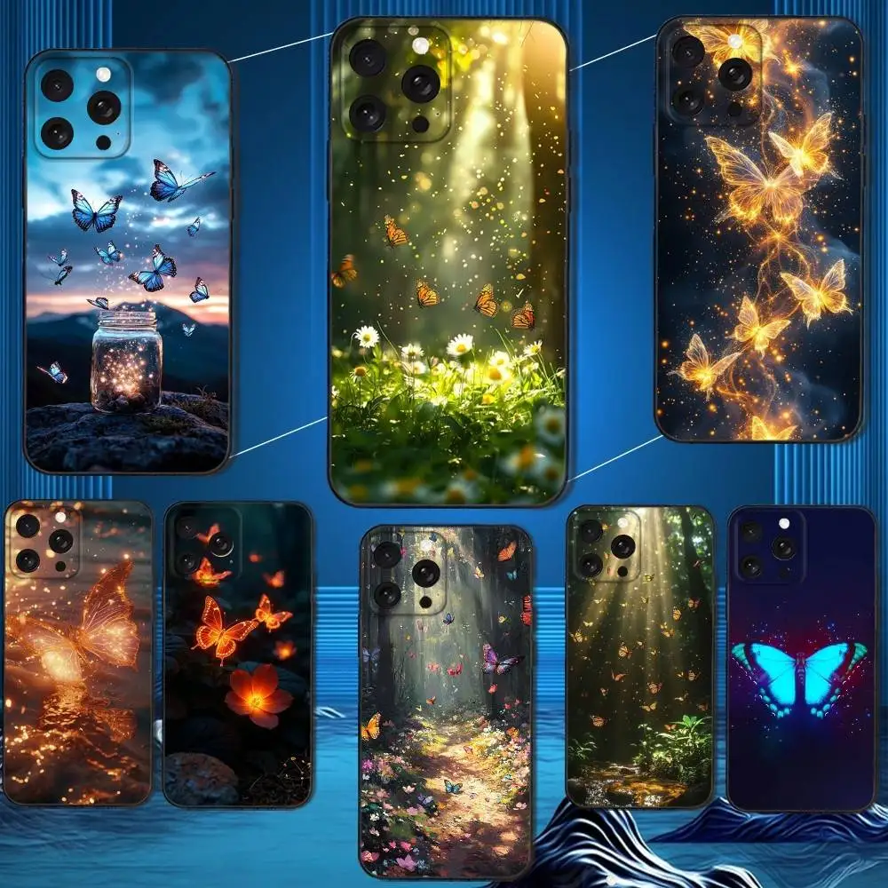 

Luminous butterfly Phone Case For iPhone 16,15,14,13,12,11 Plus,Pro Max,XS,X,XR,SE,Mini,8,7,Soft Silicone Black Cover