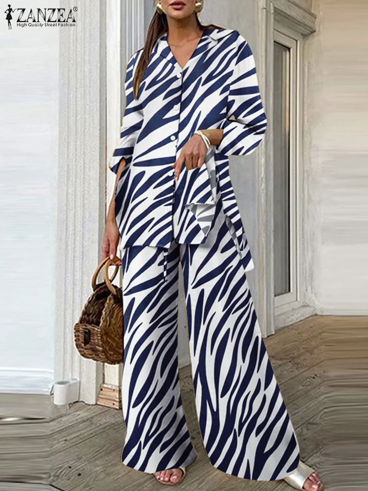 

ZANZEA 2025 Long Sleeve Pants Sets Women Zebra Printed Blouse Wide Leg Pants Autumn Outfits Casual Loose Matching Sets 2PCS