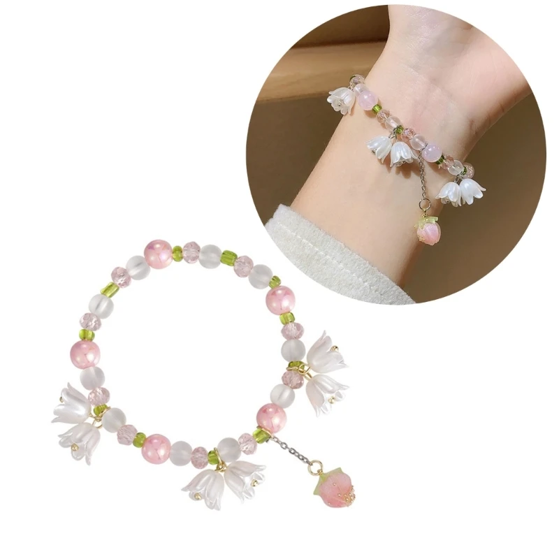 Sweet Vintage Pearl Convallaria Majalis Flower Bracelet for Women Pink Bead Pendant Bracelet Aesthetic Jewelry Dropshipping