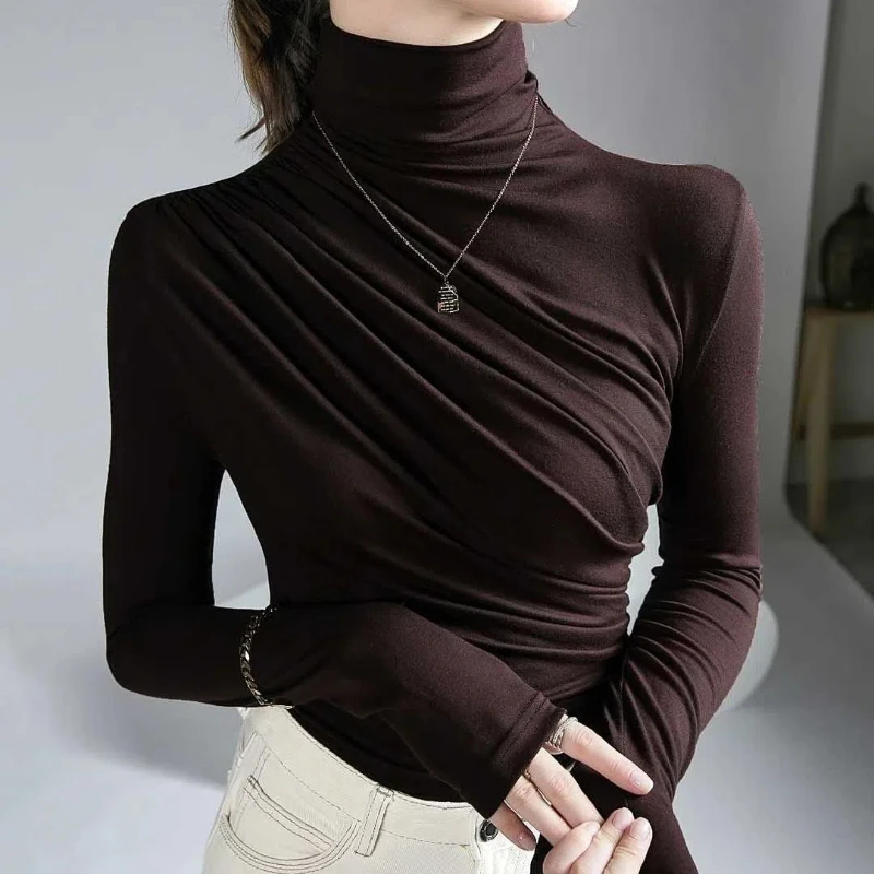 Long Sleeve Bottoming Shirt Half High Neck Solid Color Pleated Slim Fashion Elegant Basic Design Warm Bottom Tops Female Clothes