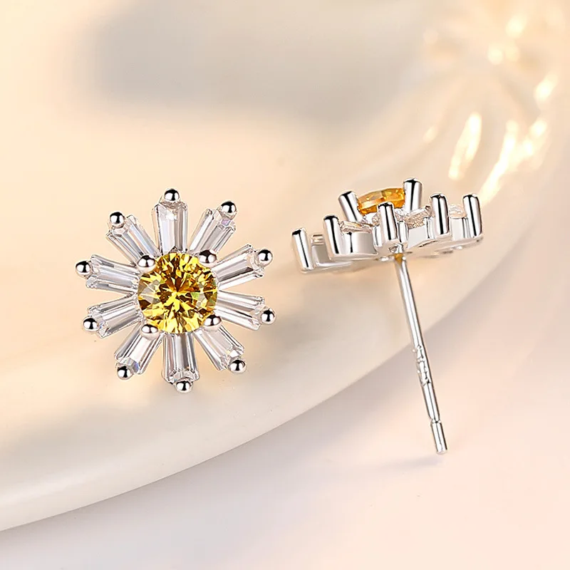 925 Pure Yang Fashion Simple Sun Flower Zircon Earrings Birthday Party Anniversary Gift
