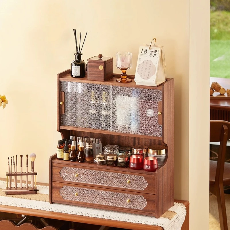 Solid wood cosmetics storage box, desktop storage cabinet, dresser, dust-proof skin care products, jewelry storage shelf.