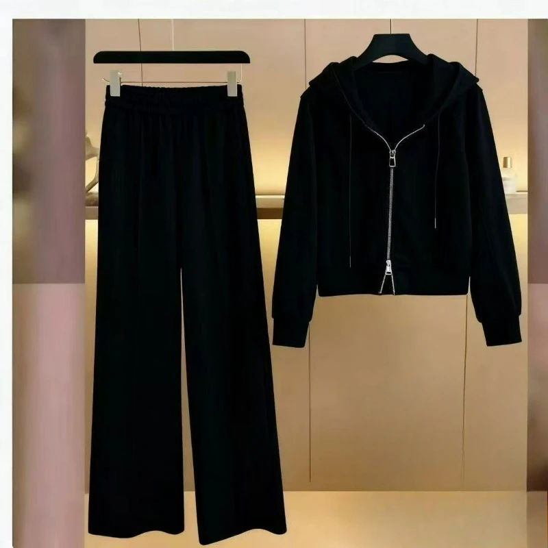 Conjunto de ropa deportiva informal de lana para mujer, sudadera con capucha adelgazante holgada, pantalón de pierna ancha, conjunto de dos piezas, otoño e invierno, 2026