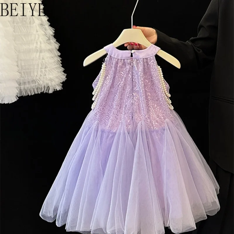Luxury Style Girls Bead Chain Hanging Neck Dress Summer New Sweet Beautiful Dress Children Sleeveless Mesh Princess Dress