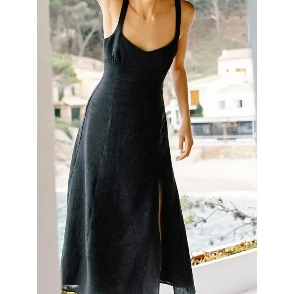 Vintage Summer Long Cami Dress Women Front Split Linen Sexy Dress Fashion 2024 Elegant Party Mujer Vestidos