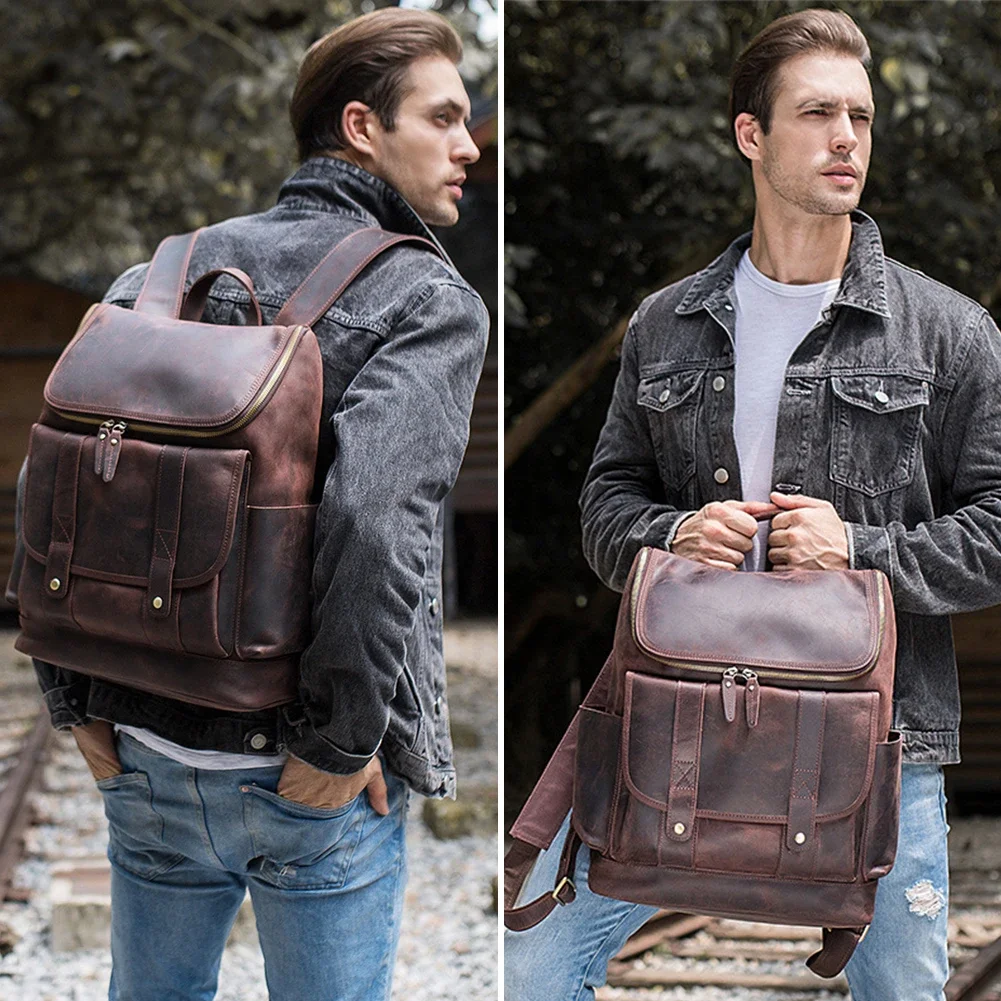 Customize Vintage Design Genuine Leather Bag For 15 inch Top Grain Crazy Horse  Laptop Backpack Real  