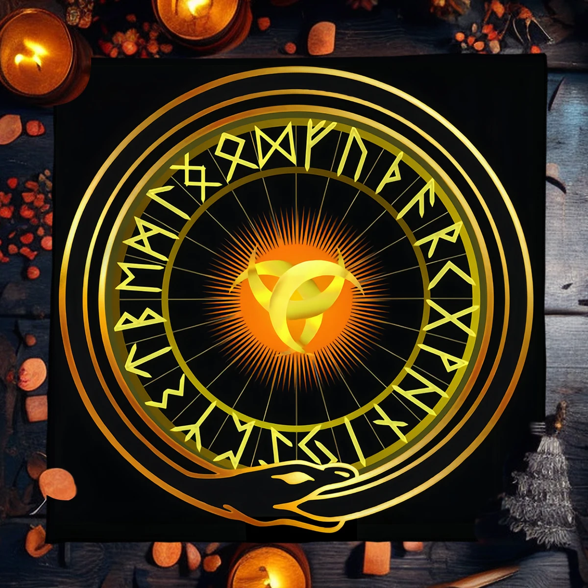 Golden Runes With Ouroboros And Horns Tarot Tablecloth Pendulum Divination Altar Cloth Altar Decor Tarot Mat Board Game Card Pad