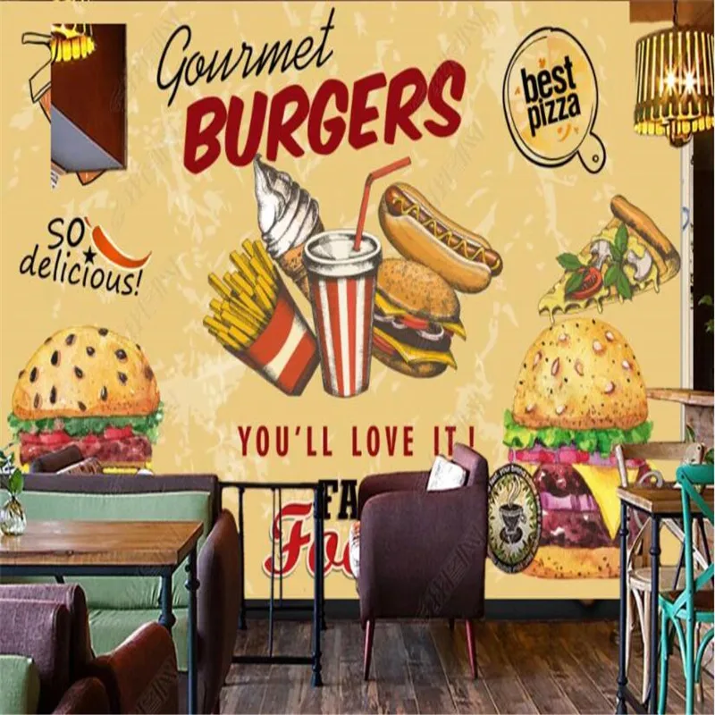 

Custom Retro Burger Pizza Snack Bar Wallpapers Fast Food Restaurant Decor Mural Self Adhesive Contact Paper Papel De Parede 3D